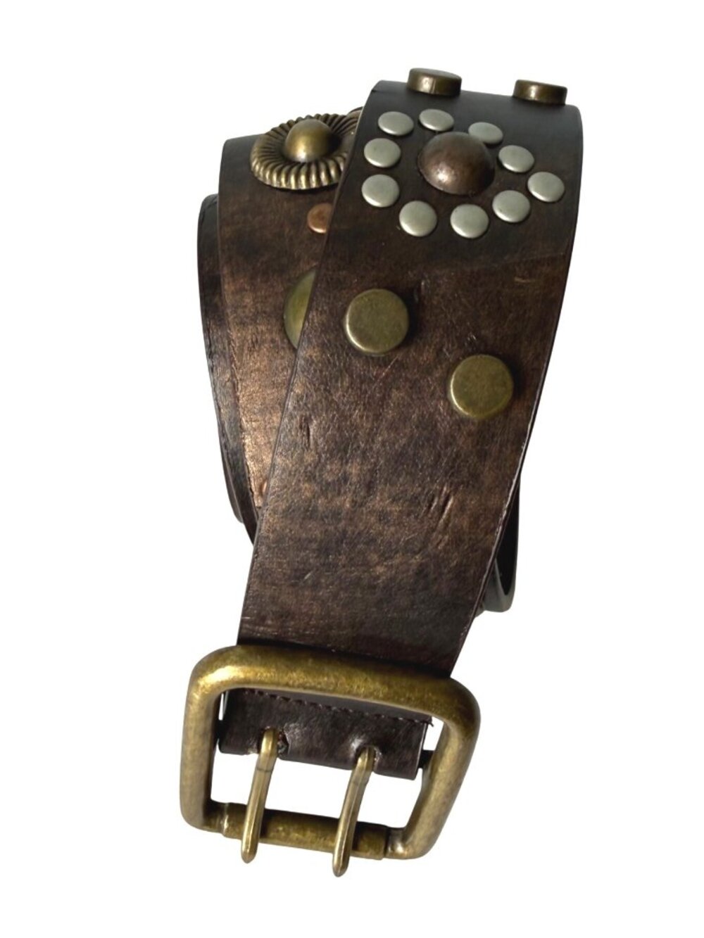 Women's Leather Belt S-M Brown Distressed Brass Studded Double Prong Vintage Y2K